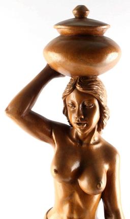 HAND CARVED WOOD STATUTE OF NUDE WOMAN W HEAD POT