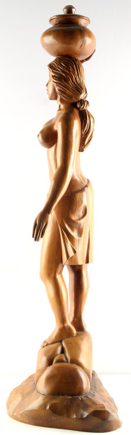 HAND CARVED WOOD STATUTE OF NUDE WOMAN W HEAD POT