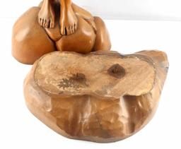 HAND CARVED WOOD STATUTE OF NUDE WOMAN W HEAD POT