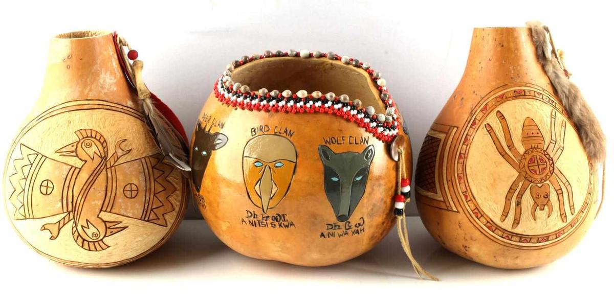 LOT OF 3 NATIVE AMERICAN HAND CARVED GOURD ART