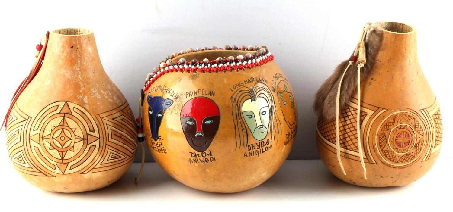 LOT OF 3 NATIVE AMERICAN HAND CARVED GOURD ART