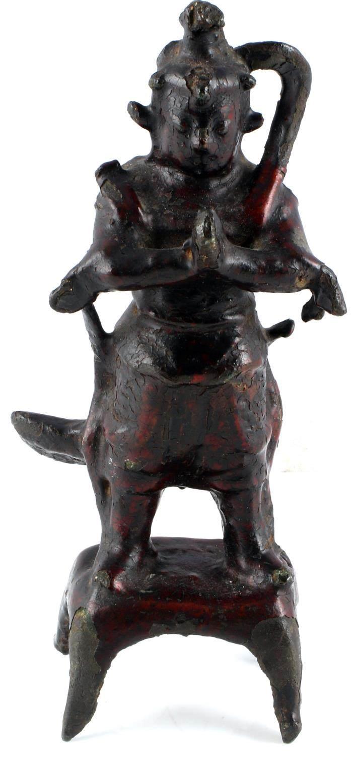 7 INCH ANTIQUE ENAMELED BRONZE HINDU DEITY FIGURE