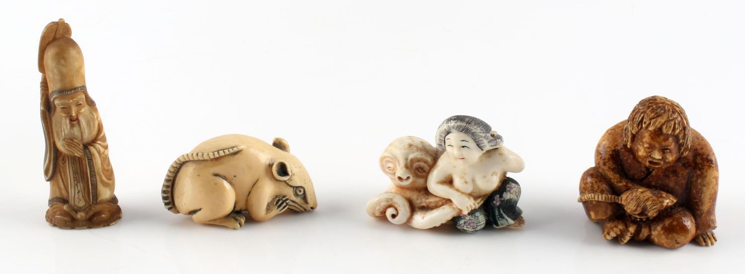 4 ANTIQUE IVORY NETSUKE EROTIC OCTOPUS FIGURE LOT