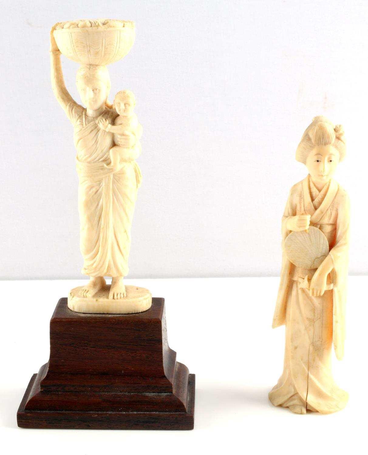 ANTIQUE IVORY FIGURINES SIGNED GEISHA LADY & CHILD