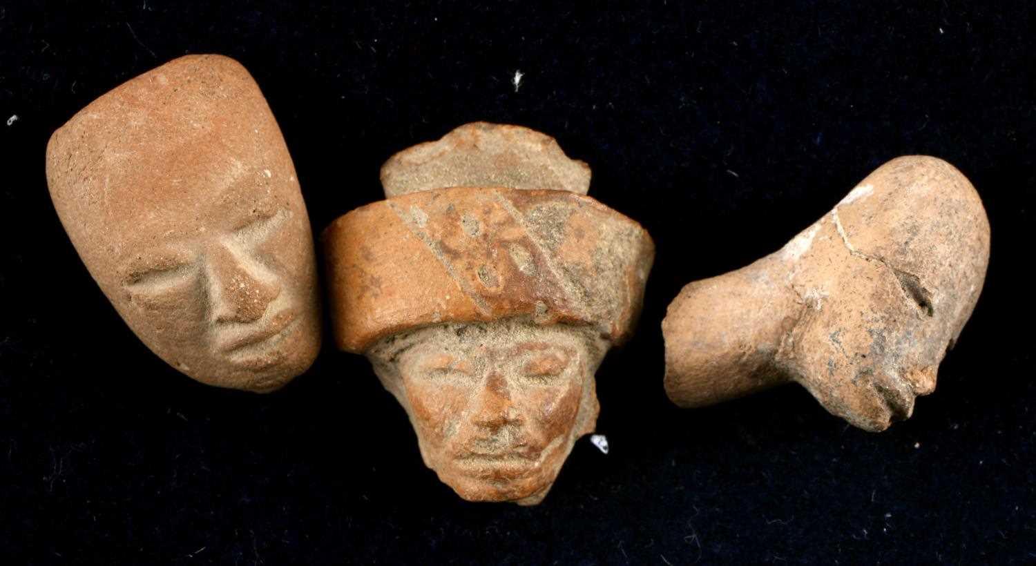 LOT OF 3 PRECOLUMBIAN CLAY HEAD FIGURE PIECES