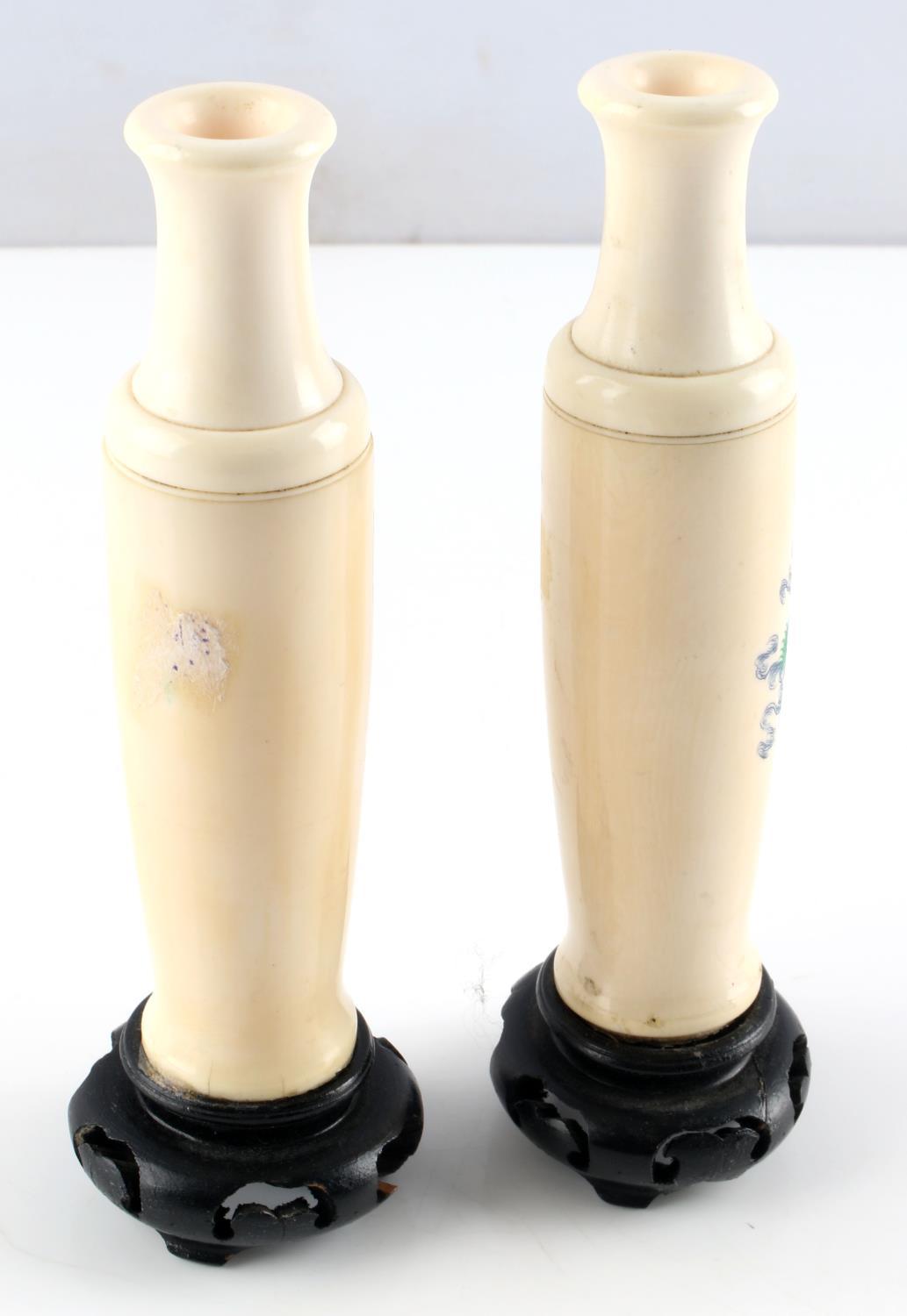 PAIR OF ANTIQUE IVORY DRAGON SCRIMSHAW BUD VASE