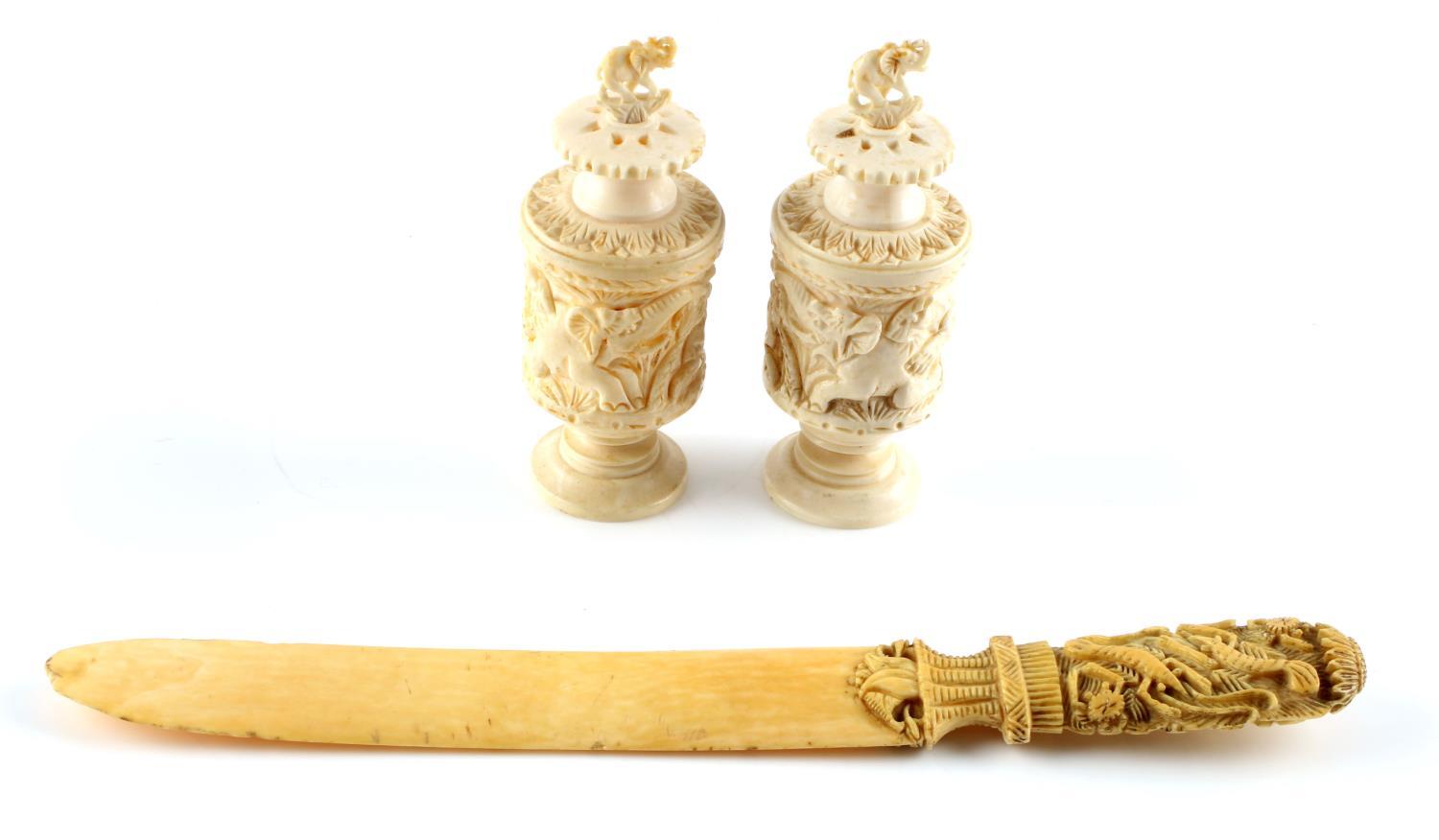 ANTIQUE CARVED IVORY PAGE TURNER W S&P SHAKERS