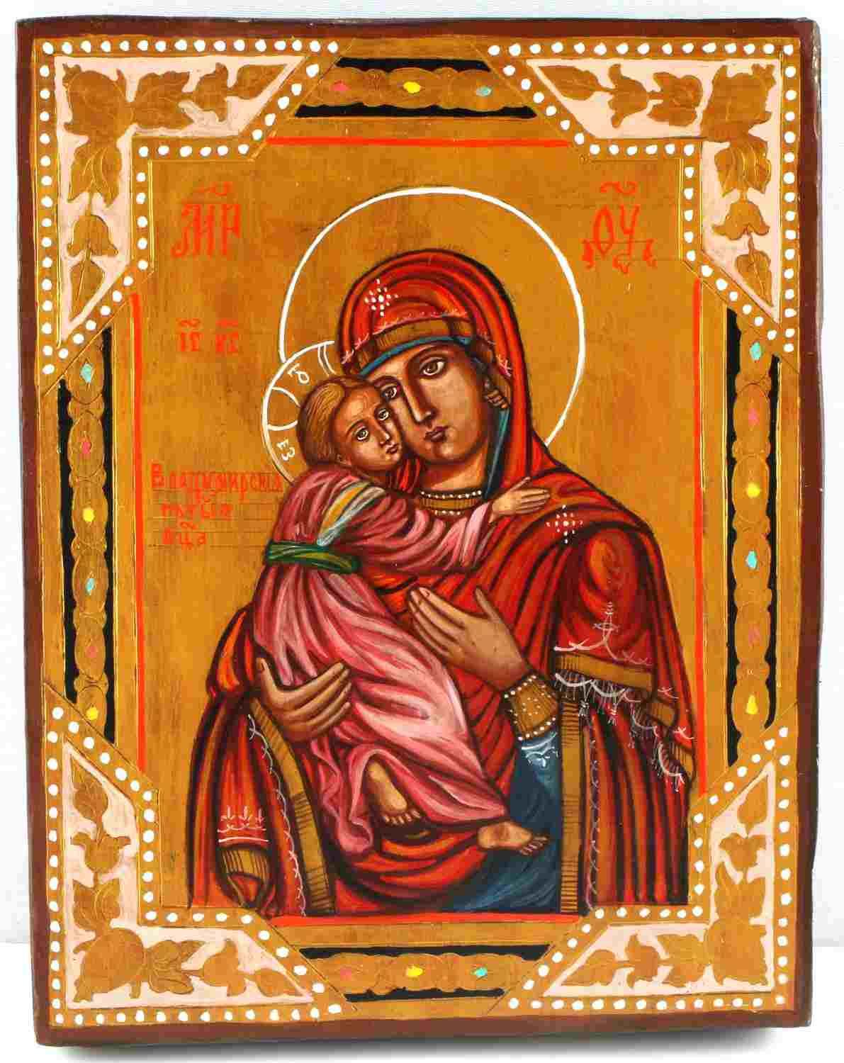 RUSSIAN ICON OF VLADIMIR MOTHER OF GOD WOODEN