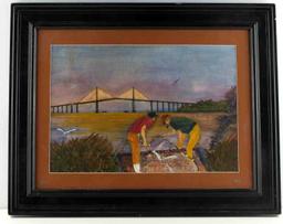 JERRY WHITSON WATERCOLOR FISHING BRIDGE PAINTING