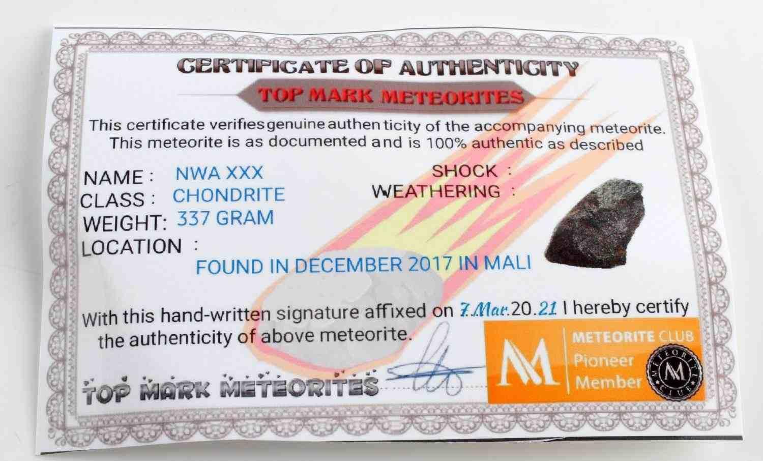 2017 MALI FOUND CHONDRITE METEORITE WITH COA