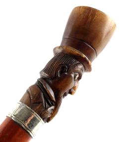 CARVED HORN WALKING STICK CANE W MALE FIGURAL