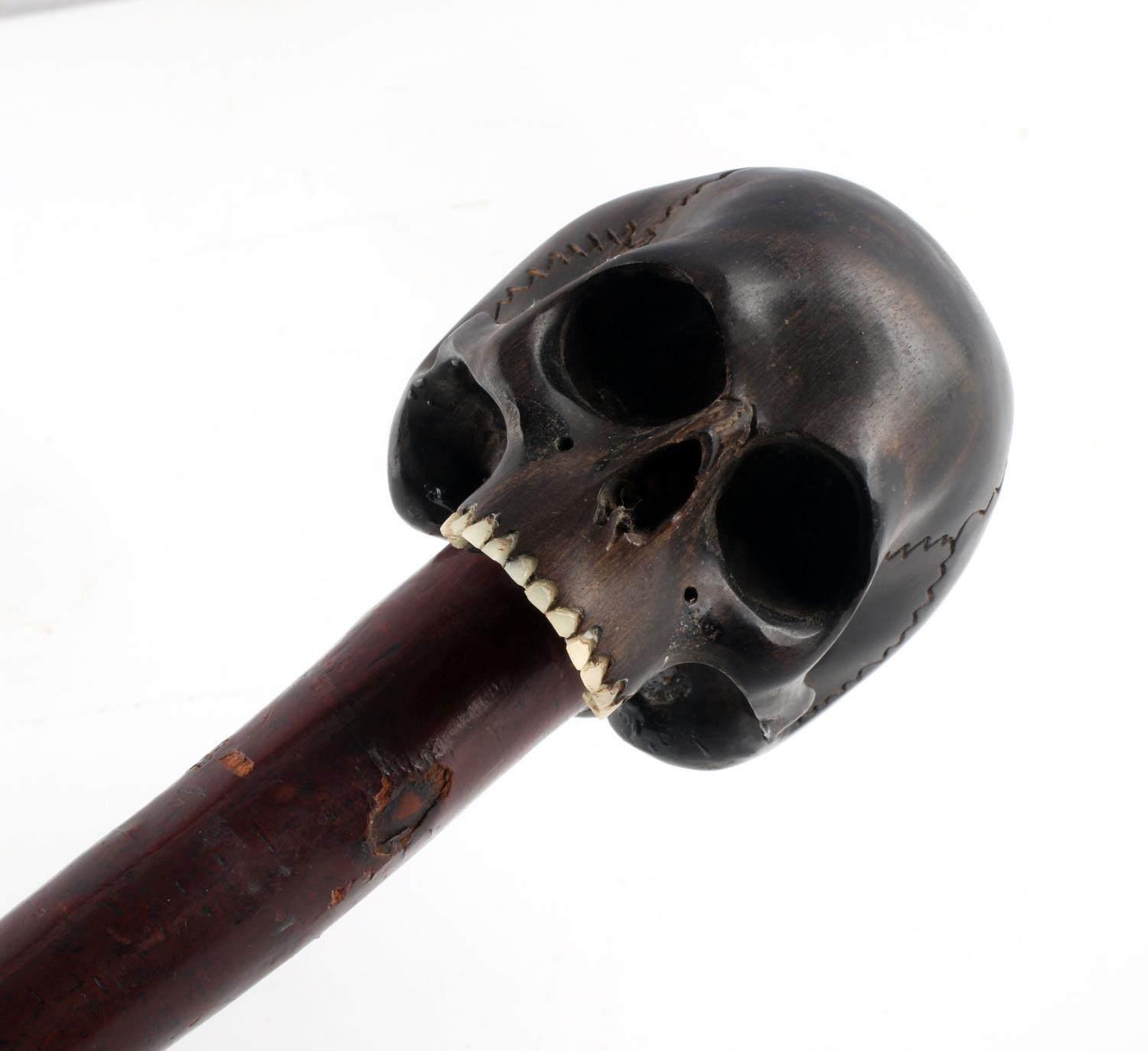 EBONY & CHERRY WOOD SKULL WALKING STICK CANE