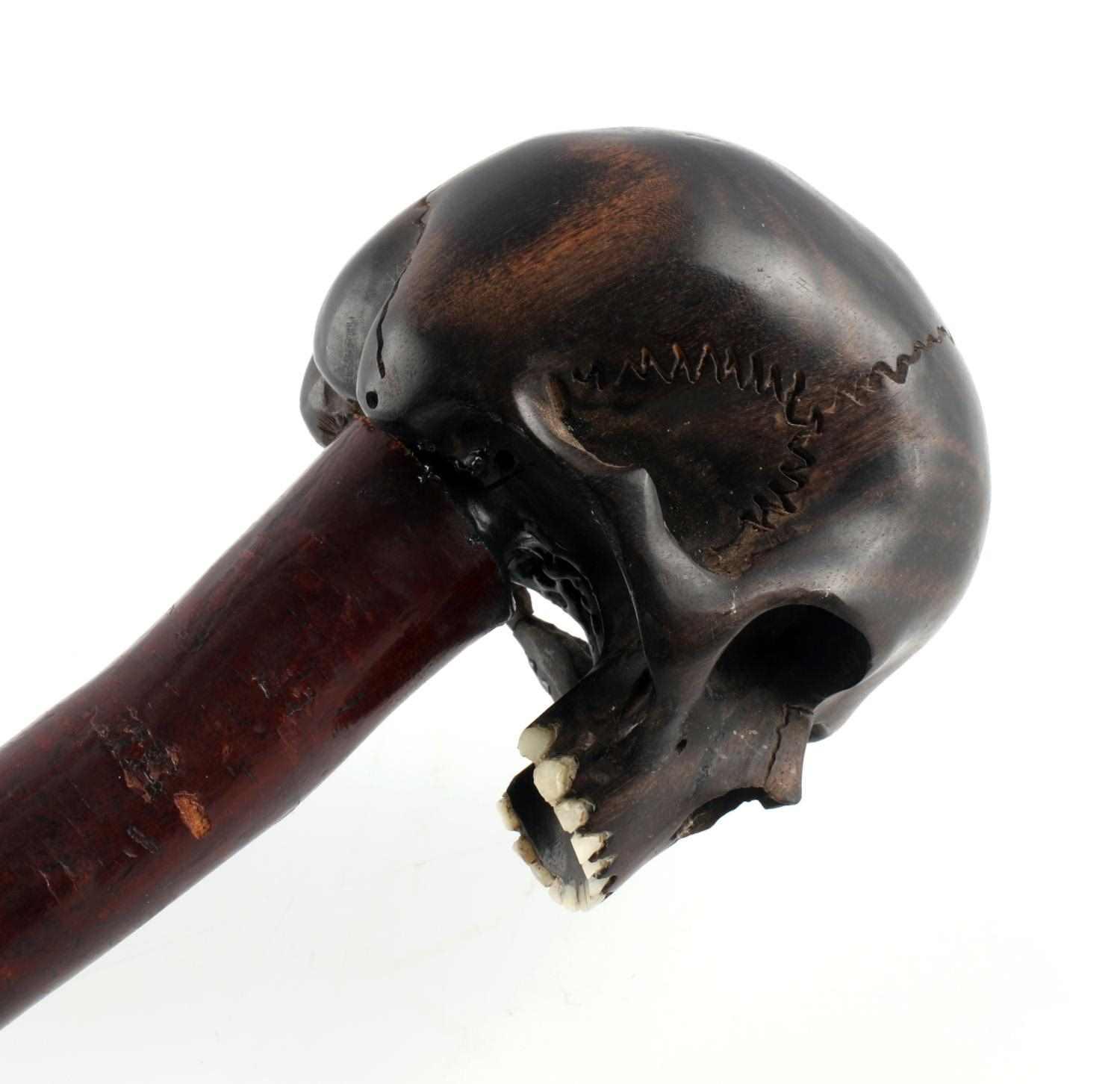 EBONY & CHERRY WOOD SKULL WALKING STICK CANE