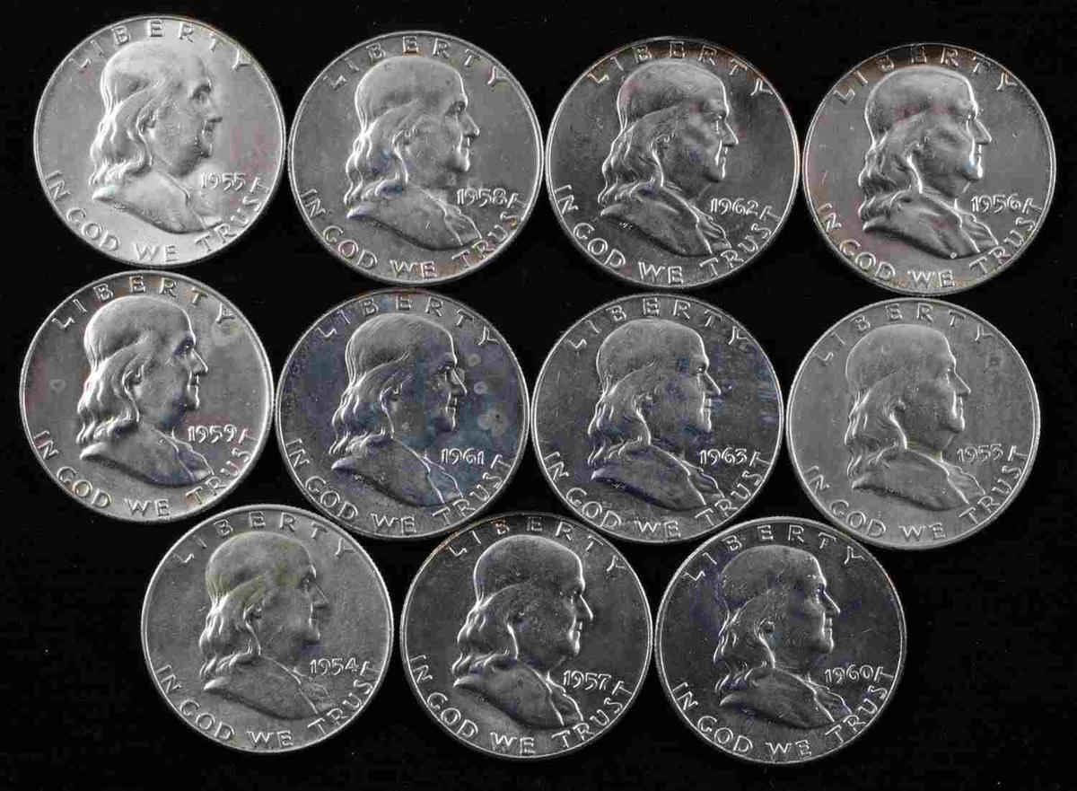 LOT OF 11 FRANKLIN HALF DOLLAR BU SILVER COINS