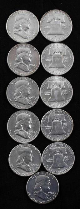 LOT OF 11 FRANKLIN HALF DOLLAR BU SILVER COINS