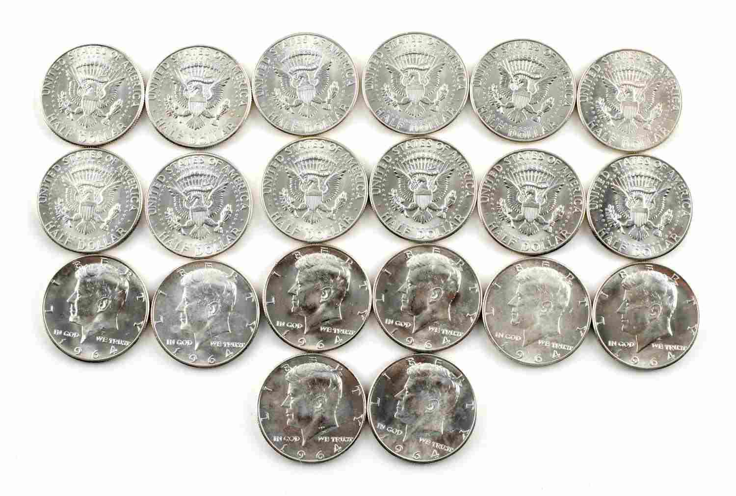 1964 P KENNEDY HALF SILVER COIN ROLL OF 20 UNC