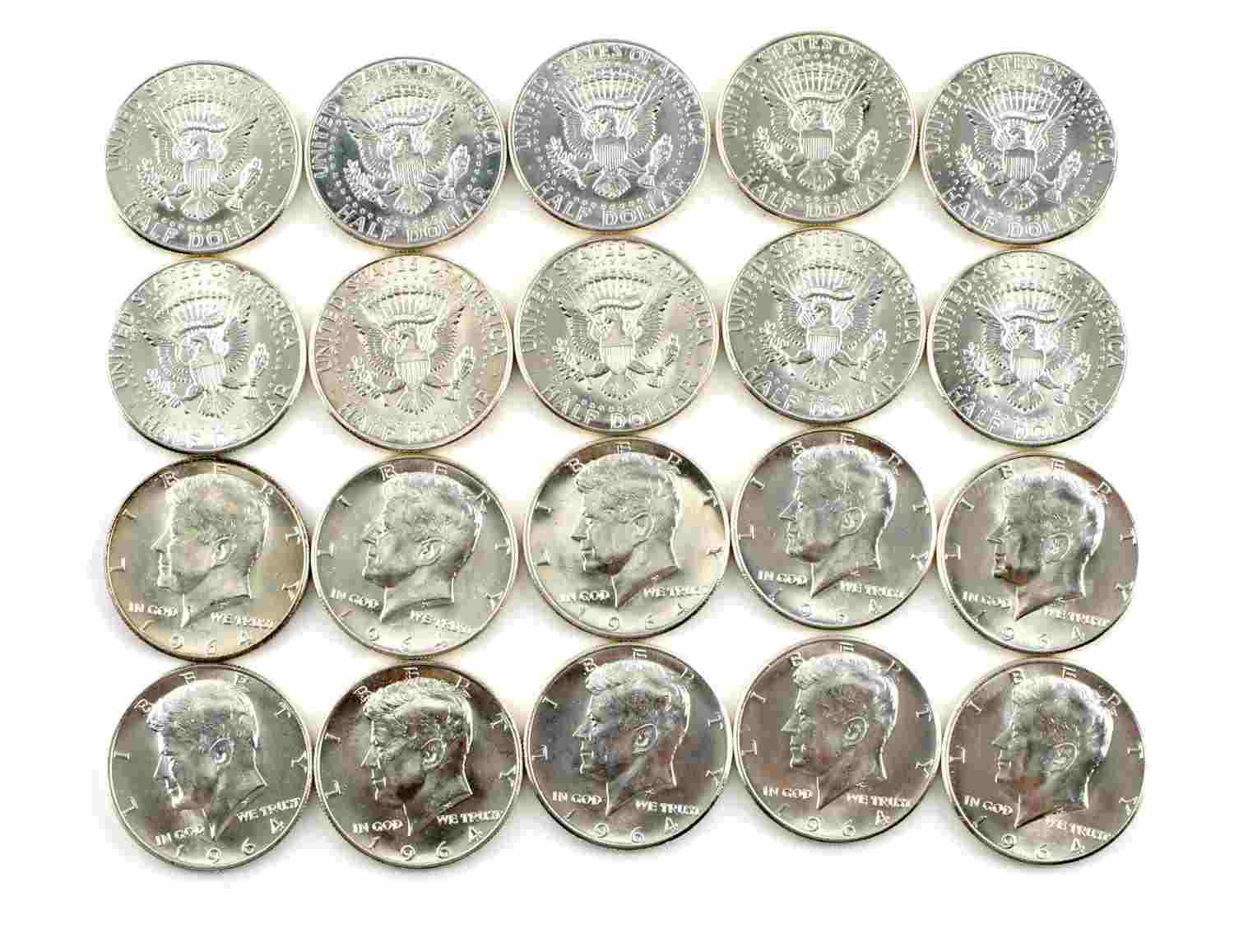 1964 P KENNEDY HALF SILVER COIN ROLL OF 20 UNC