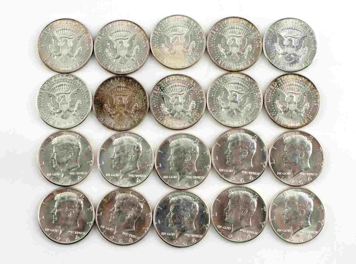 1964 P KENNEDY HALF SILVER COIN ROLL OF 20 UNC