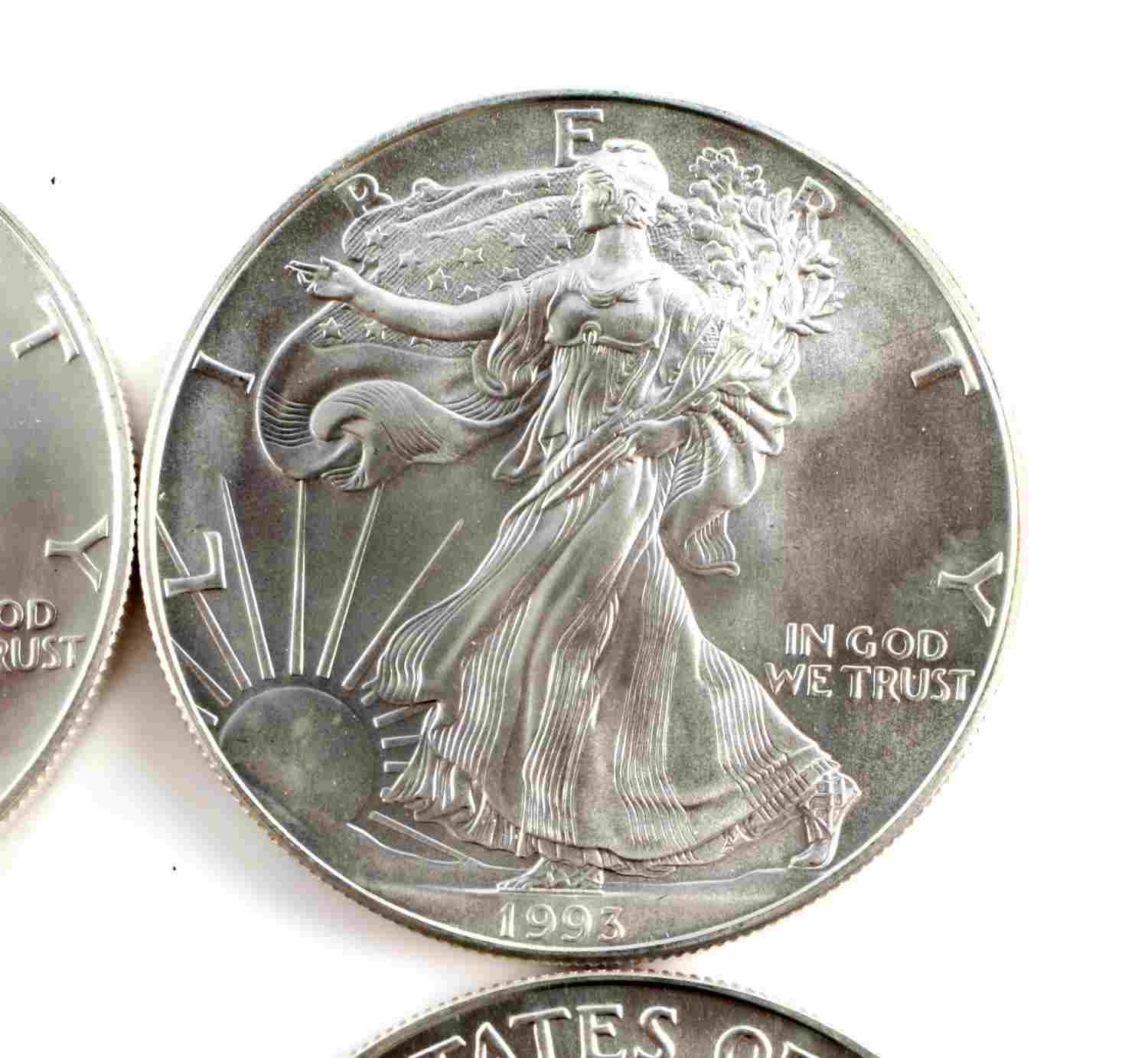1993 AMERICAN SILVER EAGLE COIN LOT OF 8 BU