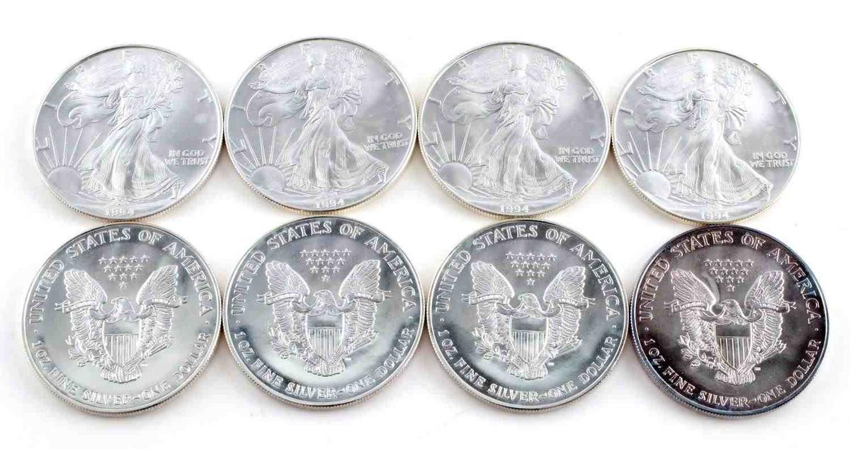 1994 AMERICAN SILVER EAGLE COIN LOT OF 8 BU