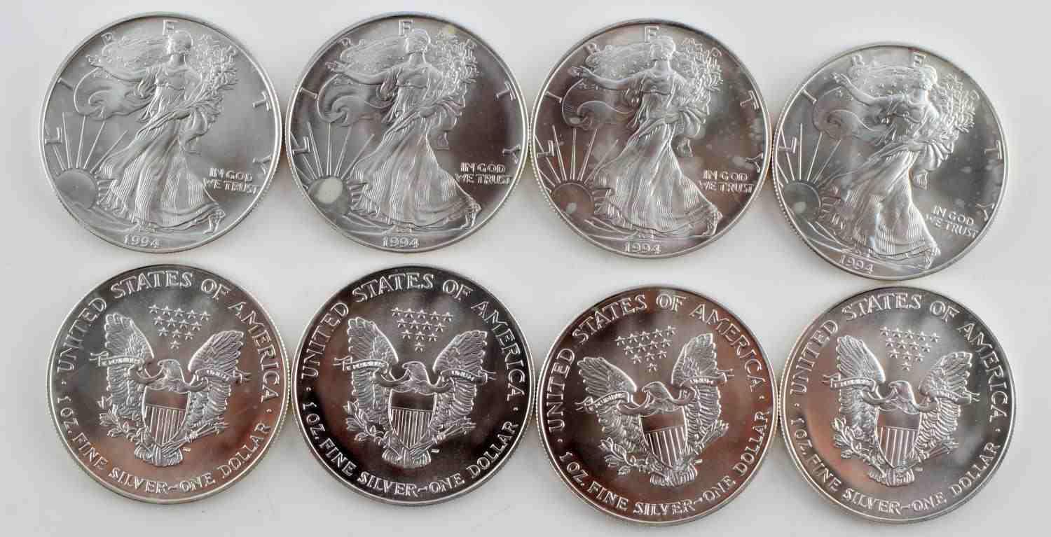 1994 AMERICAN SILVER EAGLE COIN LOT OF 8 BU