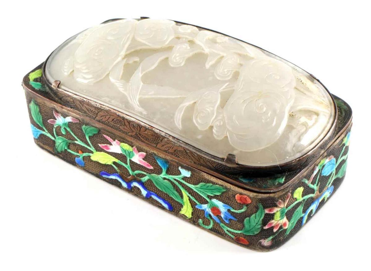 CHINESE WHITE JADE CLOISONNE BRASS TRINKET BOX