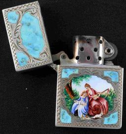 VINTAGE 800 SILVER ETCHED ENAMEL ZIPPO LIGHTER