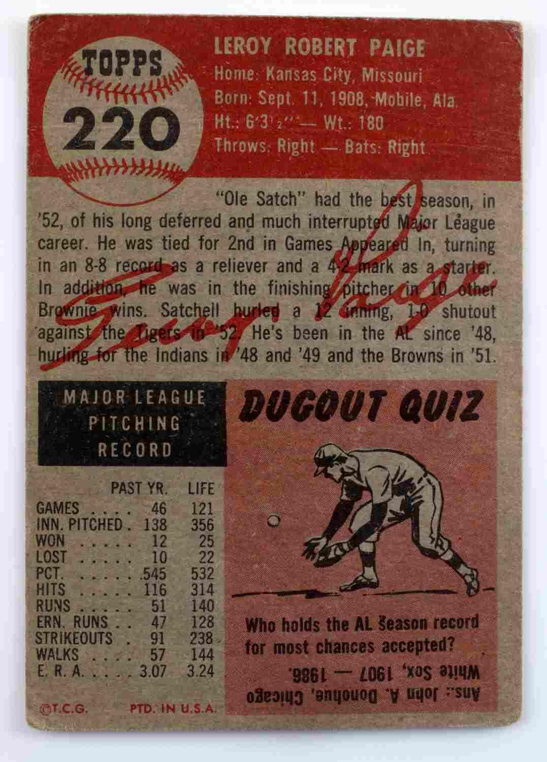 1953 SATCHEL PAIGE #220 BROWNS TOPPS BASEBALL CARD