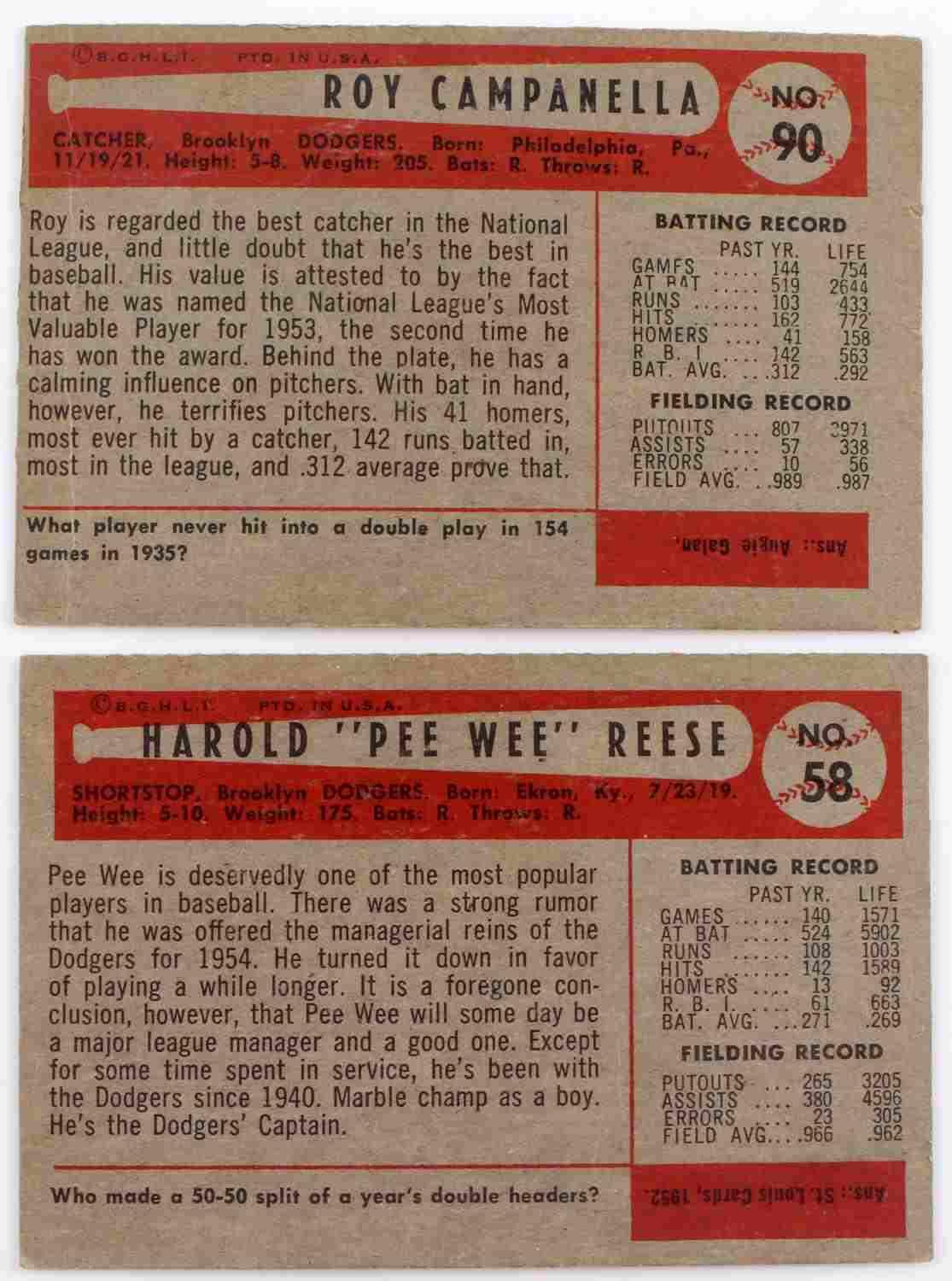 2 GOLDEN AGE 1954 BOWMAN BASEBALL CARDS REESE