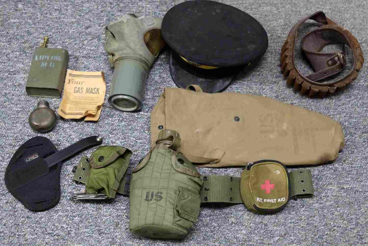 LOT OF 6 U.S. MILITARY GEAR OIL GAS MASK CANTEEN