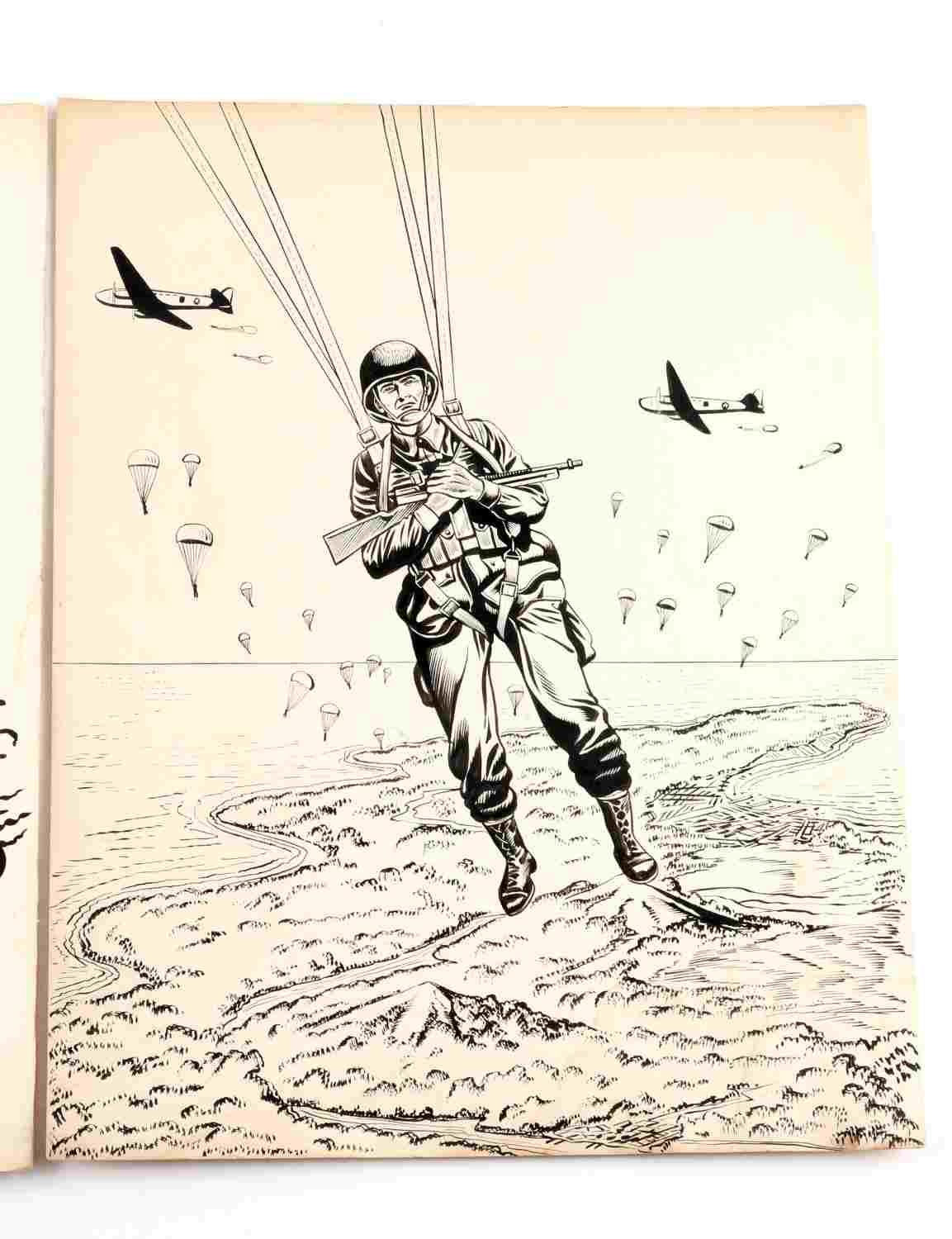 2 WWII UNITED STATES INK DRAWINGS OF SOLDIERS