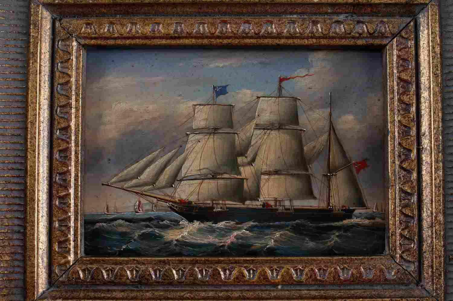 19TH CENTURY BARQUE SHIP OIL PAINTING ON BOARD