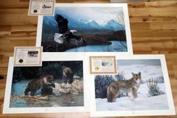 3 FRACE WILDLIFE EAGLE BEAR COYOTE SIGNED PRINTS