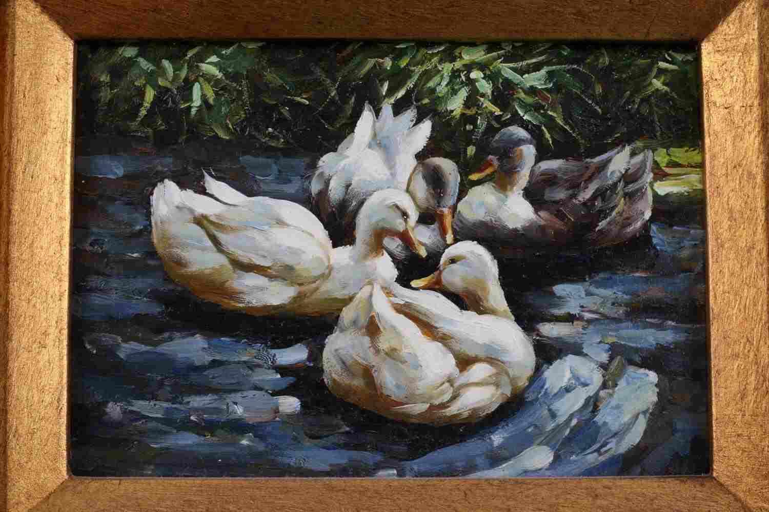 ANTIQUE OIL ON BOARD OF DUCKS IN A POND