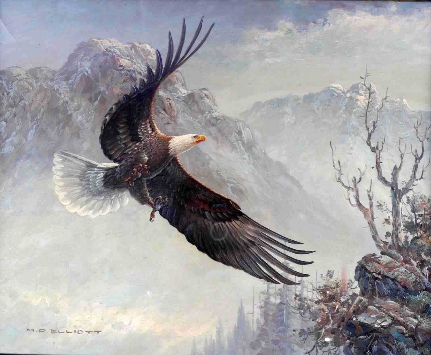 M.P. ELLIOTT OIL ON CANVAS BALD EAGLE PAINTING