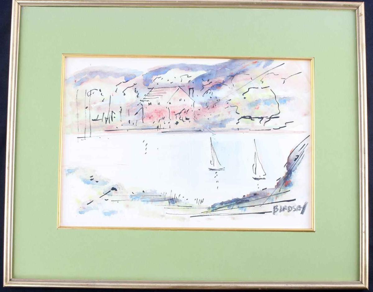 ORIGINAL WATERCOLOR LANDSCAPE W SAILBOATS