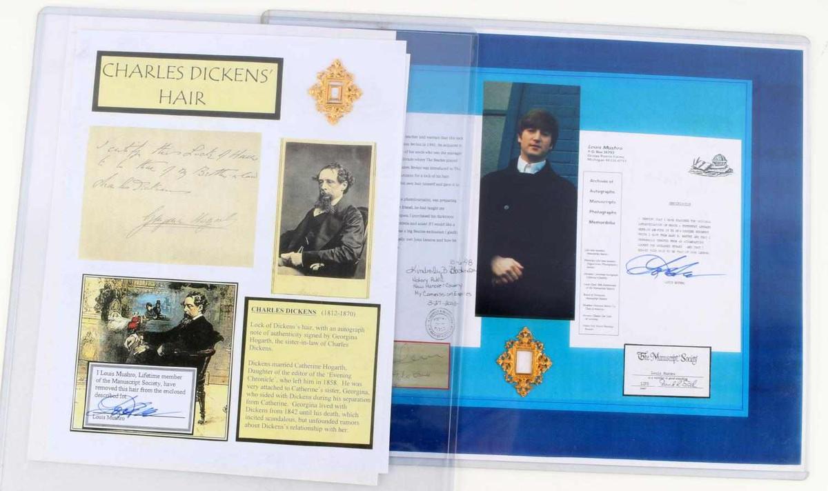 JOHN LENNON BEATLES & CHARLES DICKENS HAIR W/ COA