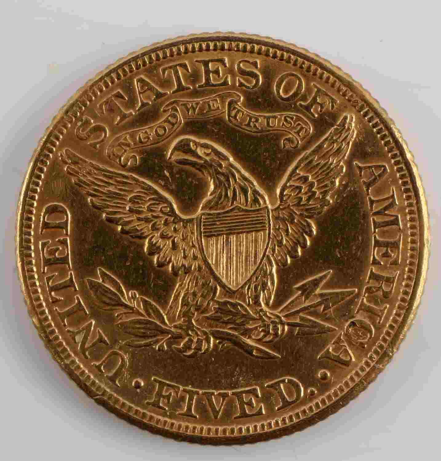 1882 $5 LIBERTY HEAD GOLD COIN EF-AU