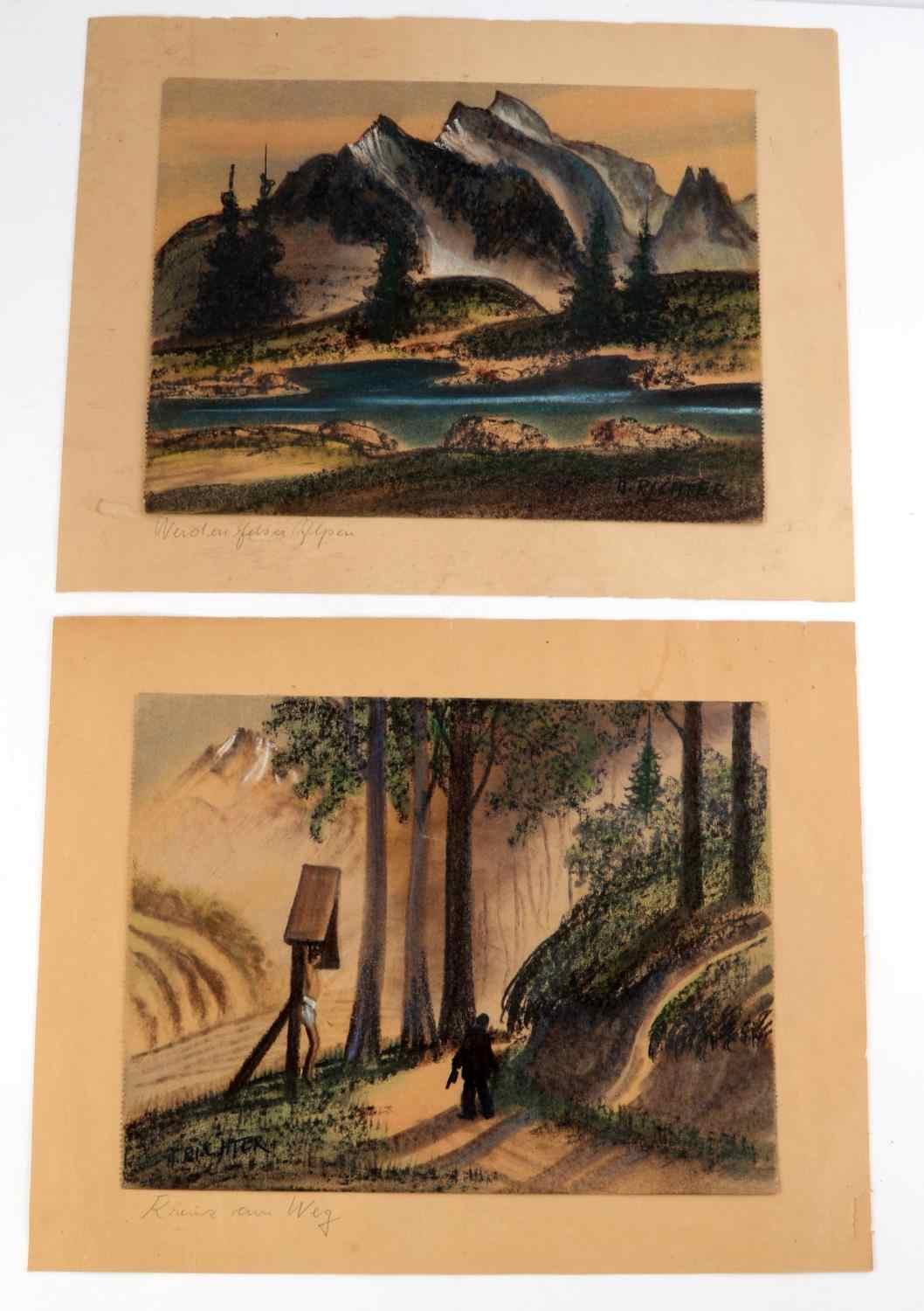 LOT OF 2 A. RICHTER MIDCENTURY OIL PASTEL DRAWINGS