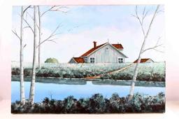 J WILLIAMS WINTER LANDSCAPE PAINTING ON CANVAS