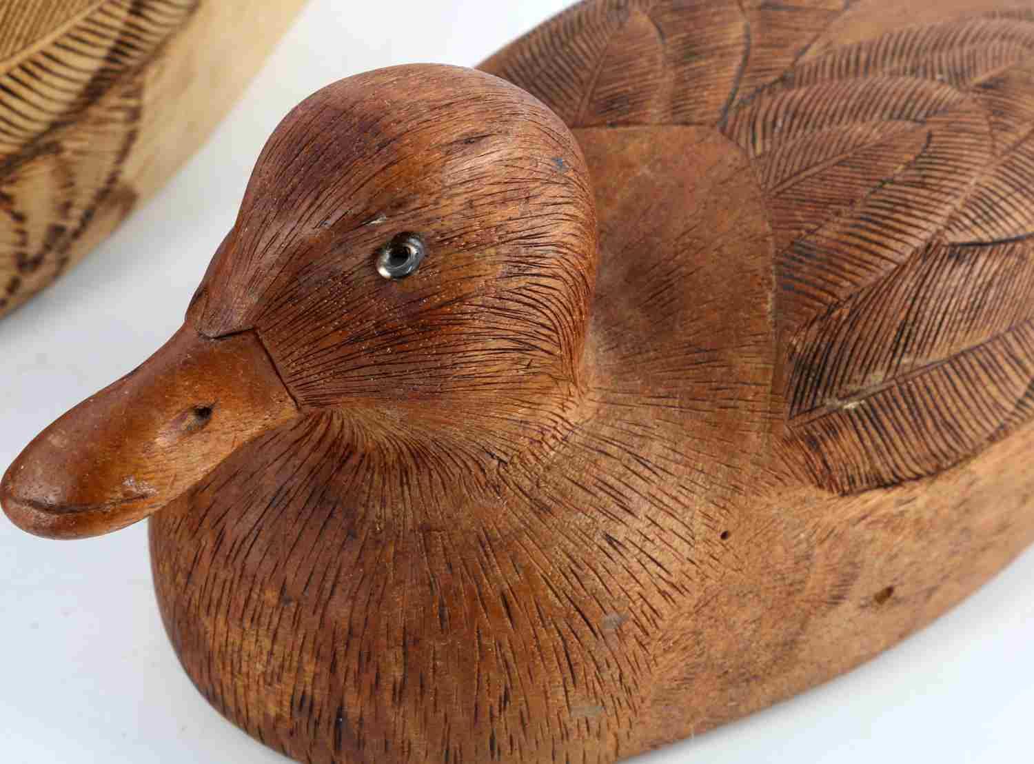 TWO HAND CARVED DUCK DECOY G. CALICO WOOD BURNED