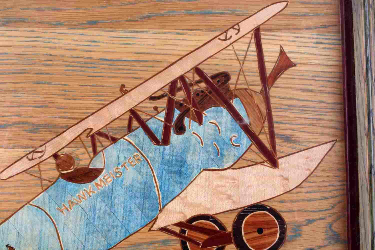 EXOTIC WOOD INLAY MOSAIC OF ANTIQUE WWI BIPLANE