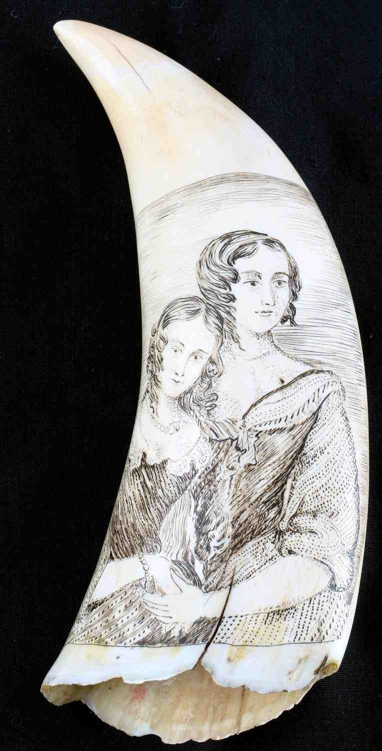 ANTIQUE 9 "  WHALE TOOTH SCRIMSHAW MOTHER & CHILD