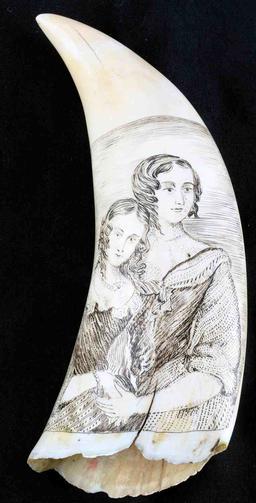 ANTIQUE 9 "  WHALE TOOTH SCRIMSHAW MOTHER & CHILD