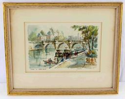 SIGNED FRENCH WATERCOLOR PARIS LE PONT NEUF FRAMED