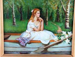 J. RANKIN OIL PAINTING OF WOMAN IN A ROW BOAT