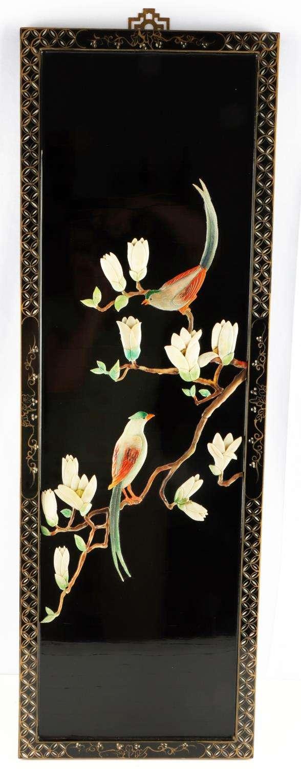 FOUR CHINESE FLORAL AND AVIAN LACQUERED PANELS