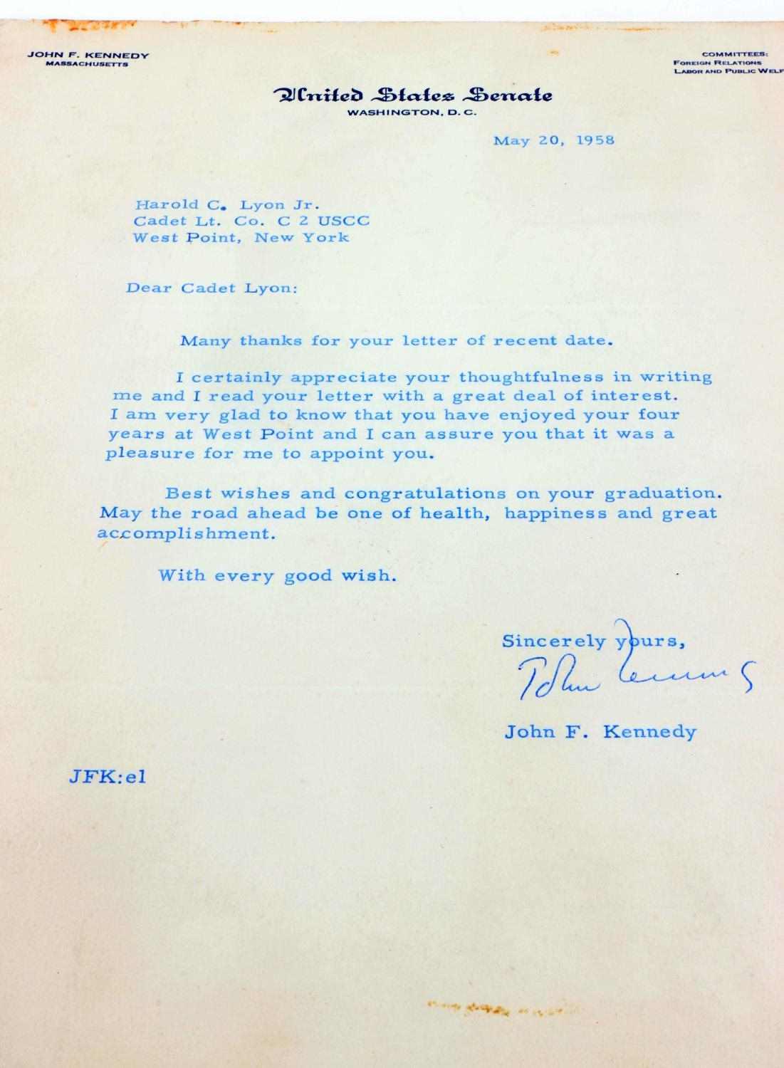 JFK SIGNED LETTER JACQUELINE THANK YOU & STAMPS