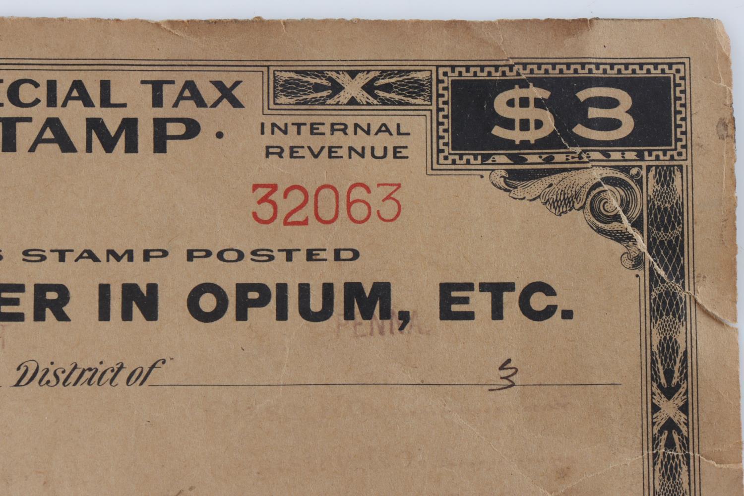 RETAIL OPIUM DEALER 1930 $3 IRS SPECIAL TAX STAMP