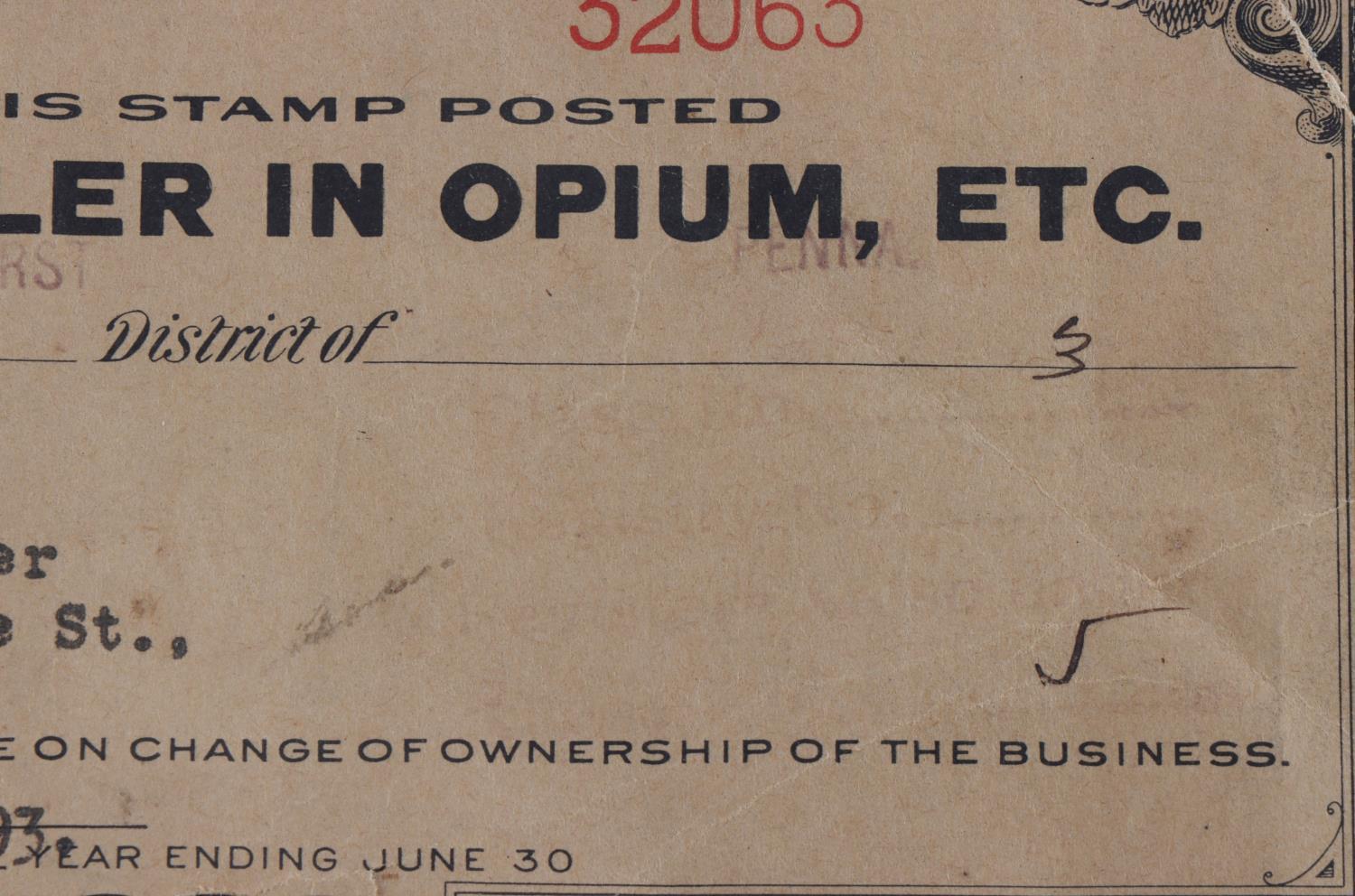 RETAIL OPIUM DEALER 1930 $3 IRS SPECIAL TAX STAMP